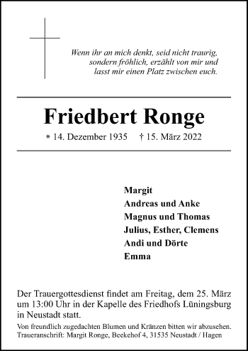 Traueranzeige von Friedbert Ronge von Hannoversche Allgemeine Zeitung/Neue Presse
