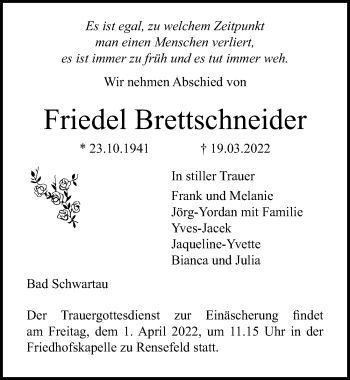 Traueranzeige von Friedel Brettschneider von Lübecker Nachrichten