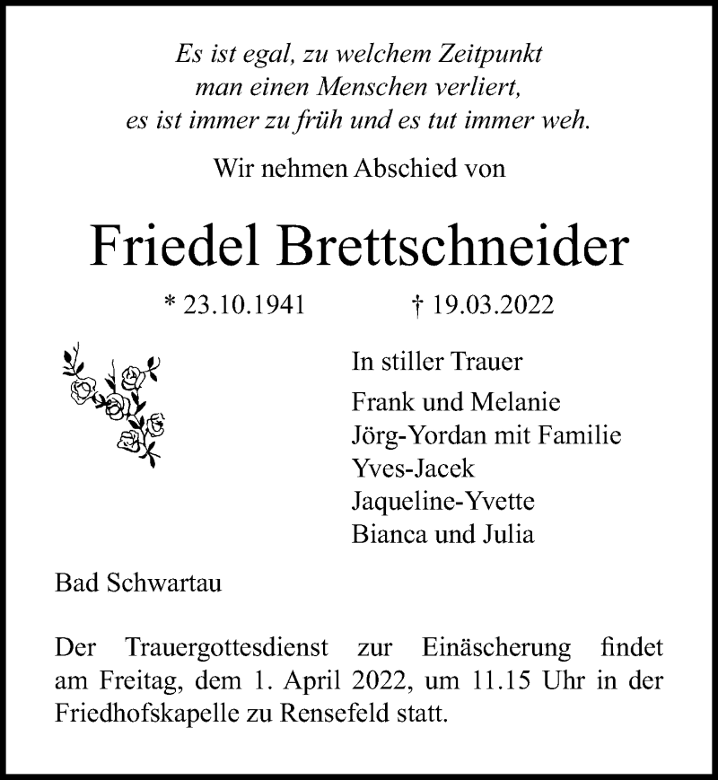  Traueranzeige für Friedel Brettschneider vom 27.03.2022 aus Lübecker Nachrichten