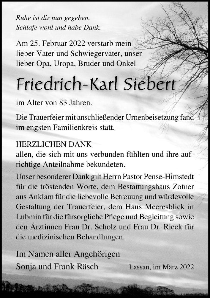  Traueranzeige für Friedrich-Karl Siebert vom 19.03.2022 aus Ostsee-Zeitung GmbH
