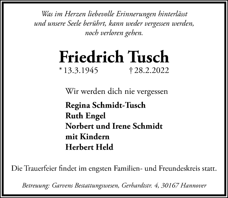  Traueranzeige für Friedrich Tusch vom 05.03.2022 aus Hannoversche Allgemeine Zeitung/Neue Presse