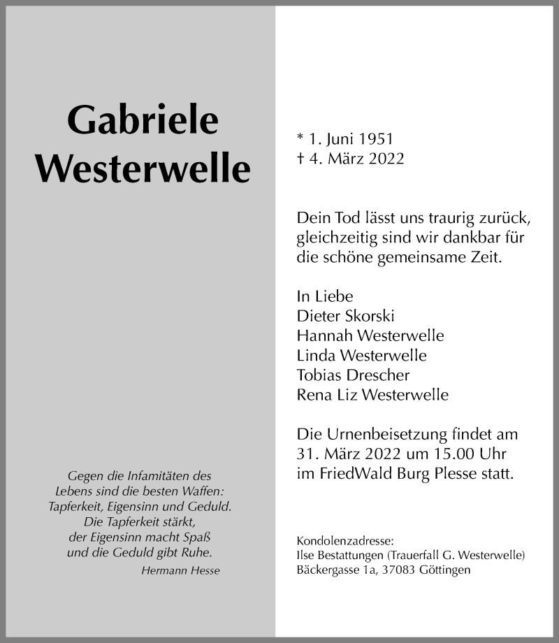 Traueranzeigen Von Gabriele Westerwelle | Trauer-anzeigen.de