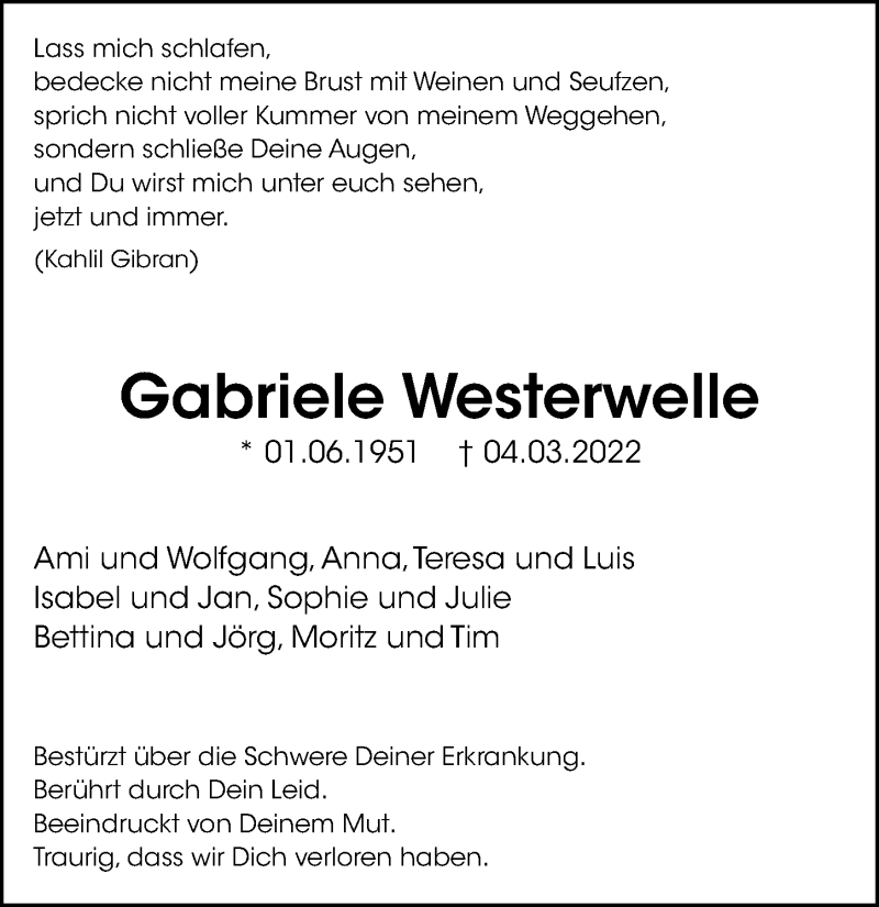  Traueranzeige für Gabriele Westerwelle vom 12.03.2022 aus Göttinger Tageblatt