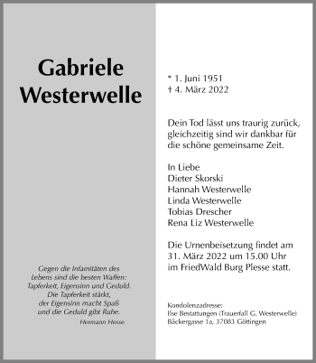 Traueranzeige von Gabriele Westerwelle von Göttinger Tageblatt