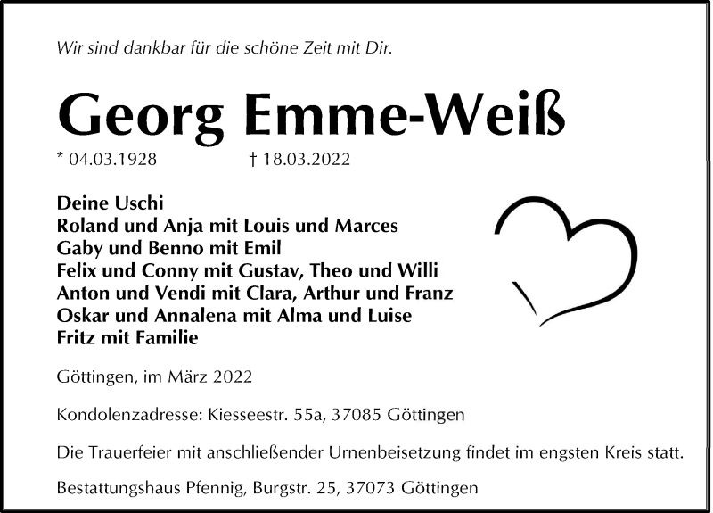  Traueranzeige für Georg Emme-Weiß vom 26.03.2022 aus Göttinger Tageblatt