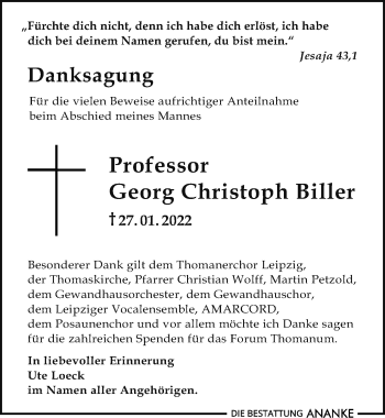 Traueranzeige von Georg Christoph Biller von Leipziger Volkszeitung
