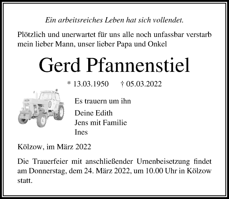  Traueranzeige für Gerd Pfannenstiel vom 12.03.2022 aus Ostsee-Zeitung GmbH