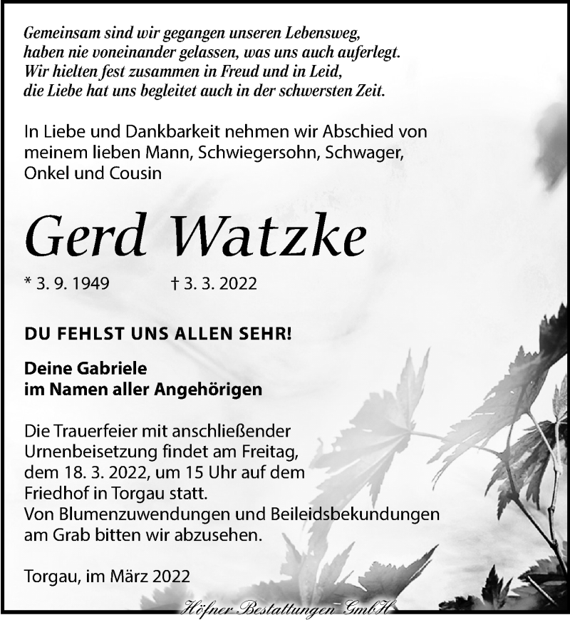  Traueranzeige für Gerd Watzke vom 12.03.2022 aus Torgauer Zeitung