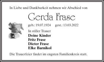 Traueranzeige von Gerda Frase von Märkischen Allgemeine Zeitung