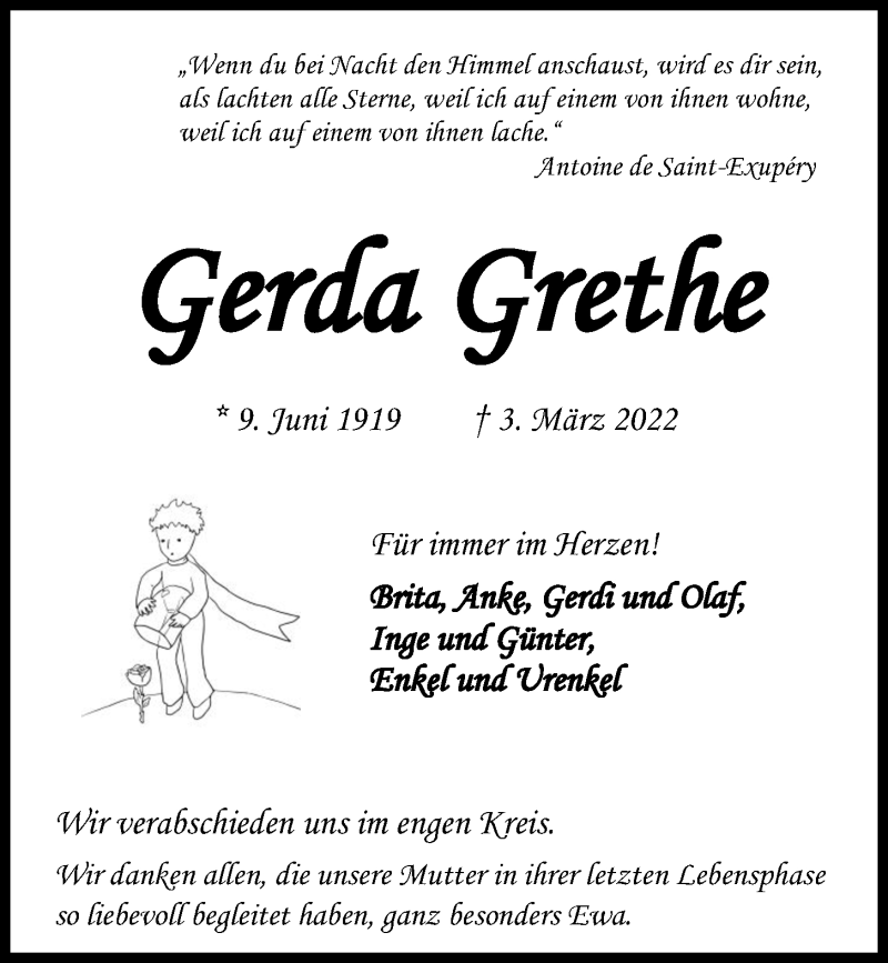  Traueranzeige für Gerda Grethe vom 12.03.2022 aus Kieler Nachrichten