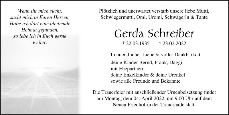  Traueranzeige für Gerda Schreiber vom 05.03.2022 aus Ostsee-Zeitung GmbH