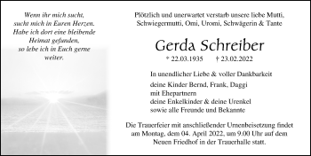 Traueranzeige von Gerda Schreiber von Ostsee-Zeitung GmbH