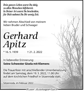 Traueranzeige von Gerhard Apitz von Torgauer Zeitung