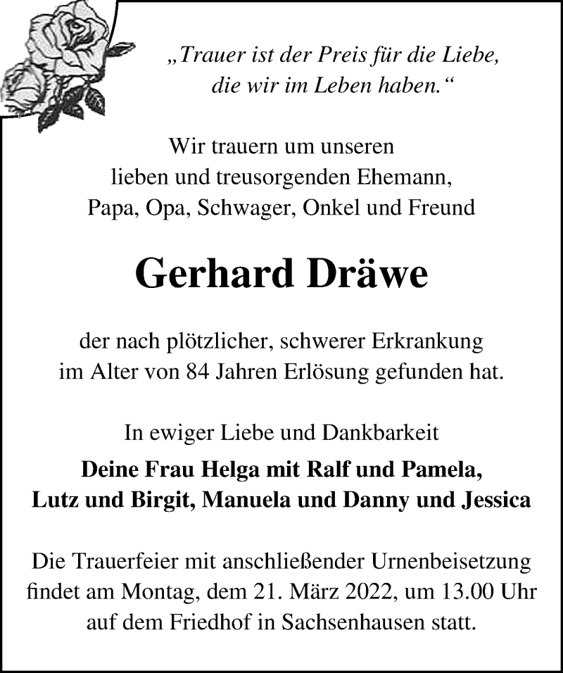  Traueranzeige für Gerhard Dräwe vom 12.03.2022 aus Märkischen Allgemeine Zeitung