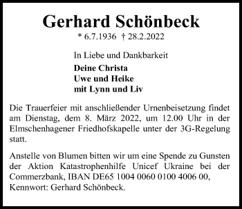 Traueranzeige von Gerhard Schönbeck von Kieler Nachrichten