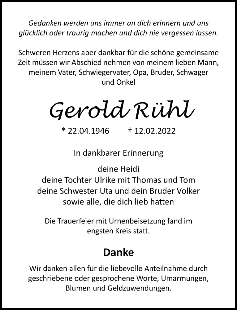  Traueranzeige für Gerold Rühl vom 05.03.2022 aus Ostsee-Zeitung GmbH