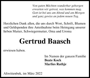 Traueranzeige von Gertrud Baasch von Kieler Nachrichten