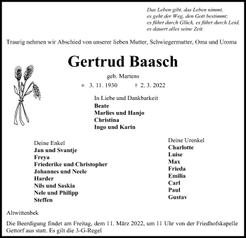 Traueranzeige von Gertrud Baasch von Kieler Nachrichten