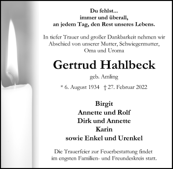 Traueranzeige von Gertrud Hahlbeck von Lübecker Nachrichten