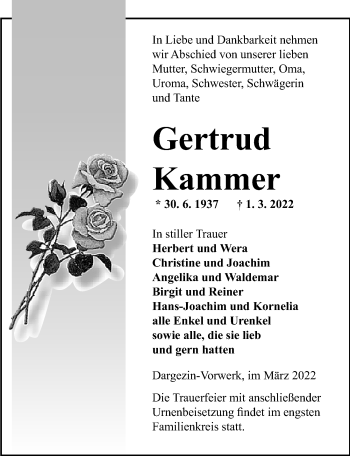 Traueranzeige von Gertrud Kammer von Ostsee-Zeitung GmbH