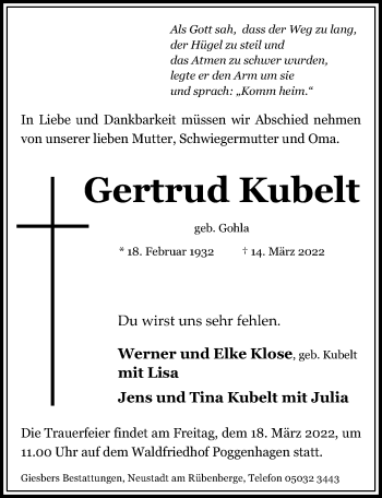 Traueranzeige von Gertrud Kubelt von Hannoversche Allgemeine Zeitung/Neue Presse