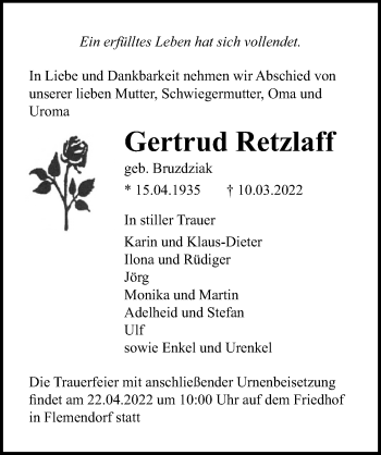 Traueranzeige von Gertrud Retzlaff von Ostsee-Zeitung GmbH