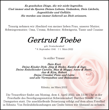 Traueranzeige von Gertrud Toebe von Ostsee-Zeitung GmbH