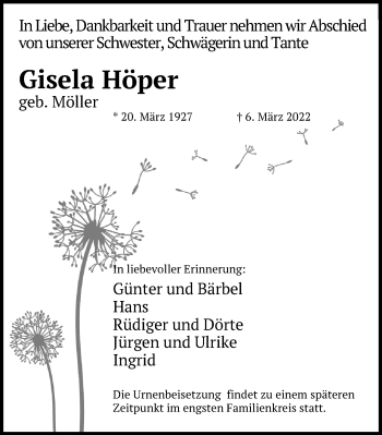 Traueranzeige von Gisela Höper von Lübecker Nachrichten