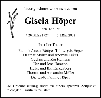 Traueranzeige von Gisela Höper von Lübecker Nachrichten