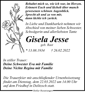 Traueranzeige von Gisela Jesse von Leipziger Volkszeitung