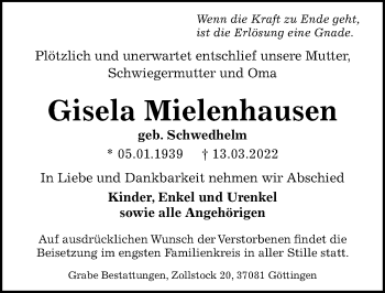 Traueranzeige von Gisela Mielenhausen von Göttinger Tageblatt