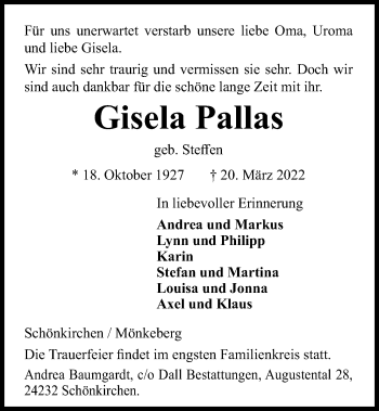 Traueranzeige von Gisela Pallas von Kieler Nachrichten