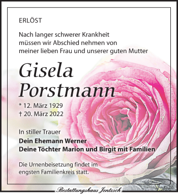 Traueranzeige von Gisela Porstmann von Leipziger Volkszeitung