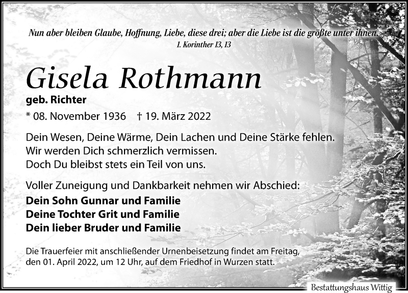  Traueranzeige für Gisela Rothmann vom 26.03.2022 aus Leipziger Volkszeitung