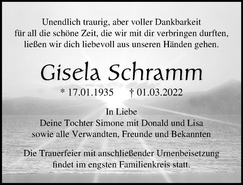  Traueranzeige für Gisela Schramm vom 12.03.2022 aus Ostsee-Zeitung GmbH