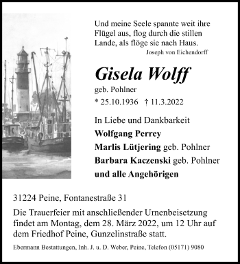 Traueranzeige von Gisela Wolff von Peiner Allgemeine Zeitung