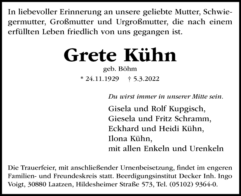  Traueranzeige für Grete Kühn vom 12.03.2022 aus Hannoversche Allgemeine Zeitung/Neue Presse