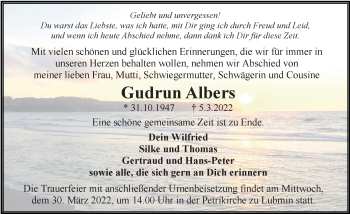 Traueranzeige von Gudrun Albers von Ostsee-Zeitung GmbH