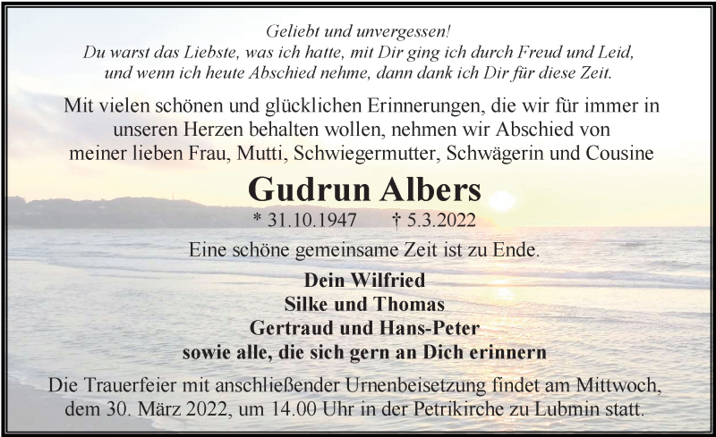  Traueranzeige für Gudrun Albers vom 12.03.2022 aus Ostsee-Zeitung GmbH