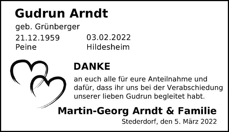  Traueranzeige für Gudrun Arndt vom 05.03.2022 aus Peiner Allgemeine Zeitung