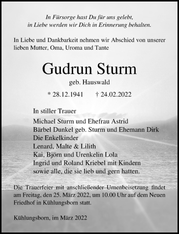 Traueranzeige von Gudrun Sturm von Ostsee-Zeitung GmbH