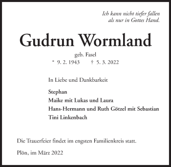 Traueranzeige von Gudrun Wormland von Kieler Nachrichten