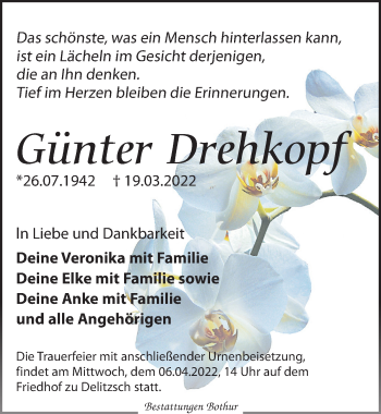 Traueranzeige von Günter Drehkopf von Leipziger Volkszeitung