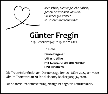 Traueranzeige von Günter Fregin von Lübecker Nachrichten