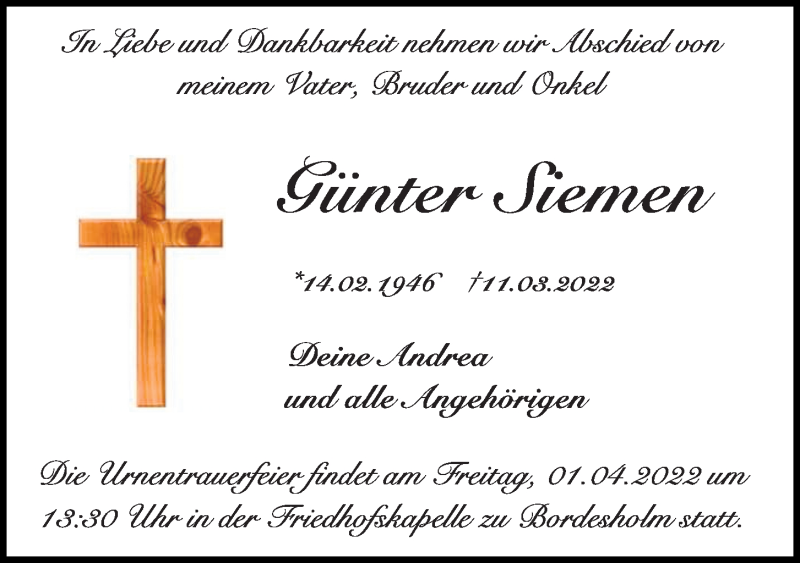  Traueranzeige für Günter Siemen vom 26.03.2022 aus Kieler Nachrichten