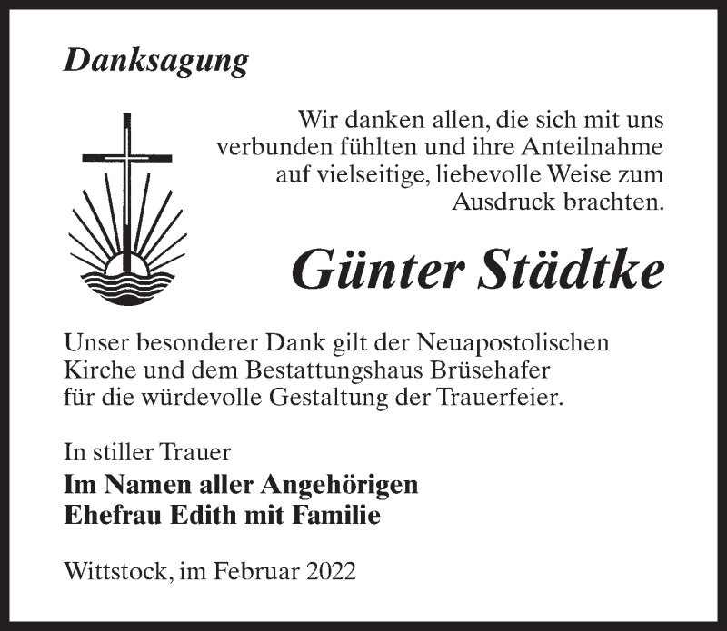  Traueranzeige für Günter Städtke vom 12.03.2022 aus Märkischen Allgemeine Zeitung