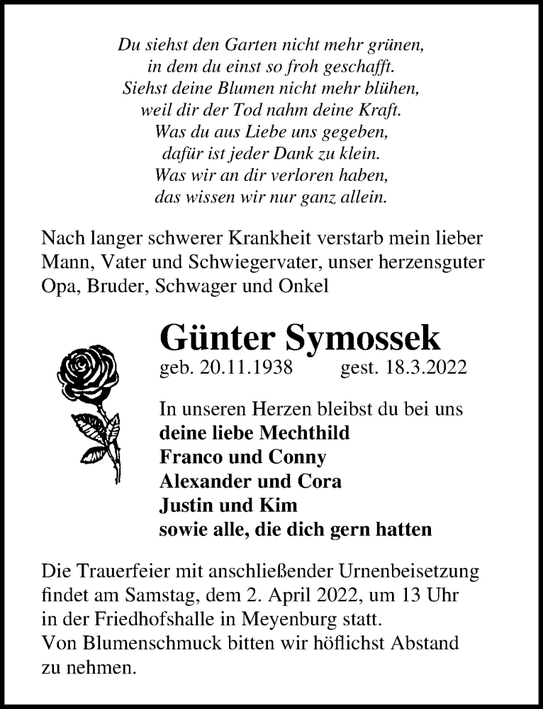 Traueranzeige für Günter Symossek vom 26.03.2022 aus Märkischen Allgemeine Zeitung