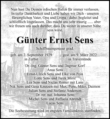 Traueranzeige von Günter Ernst Sens von Lübecker Nachrichten