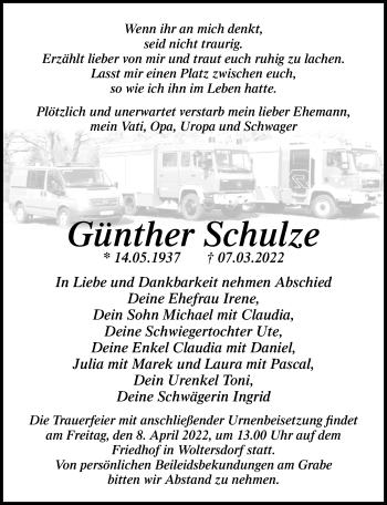 Traueranzeige von Günther Schulze von Märkischen Allgemeine Zeitung