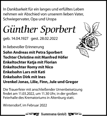 Traueranzeige von Günther Sporbert von Leipziger Volkszeitung